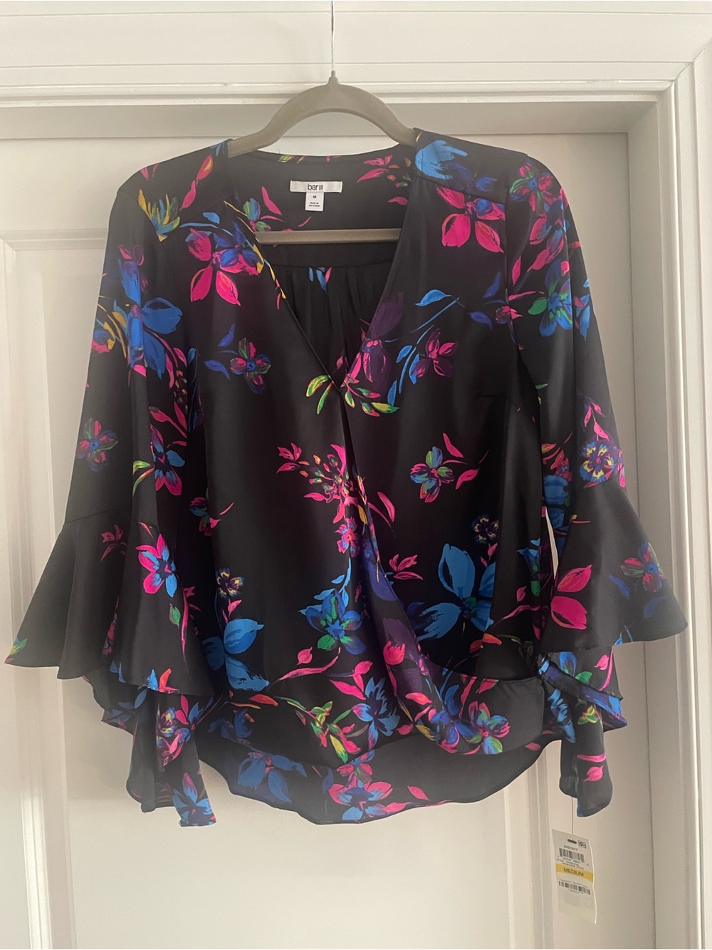BarIII  Black Floral V-Neck Ruffle Sleeve Blouse